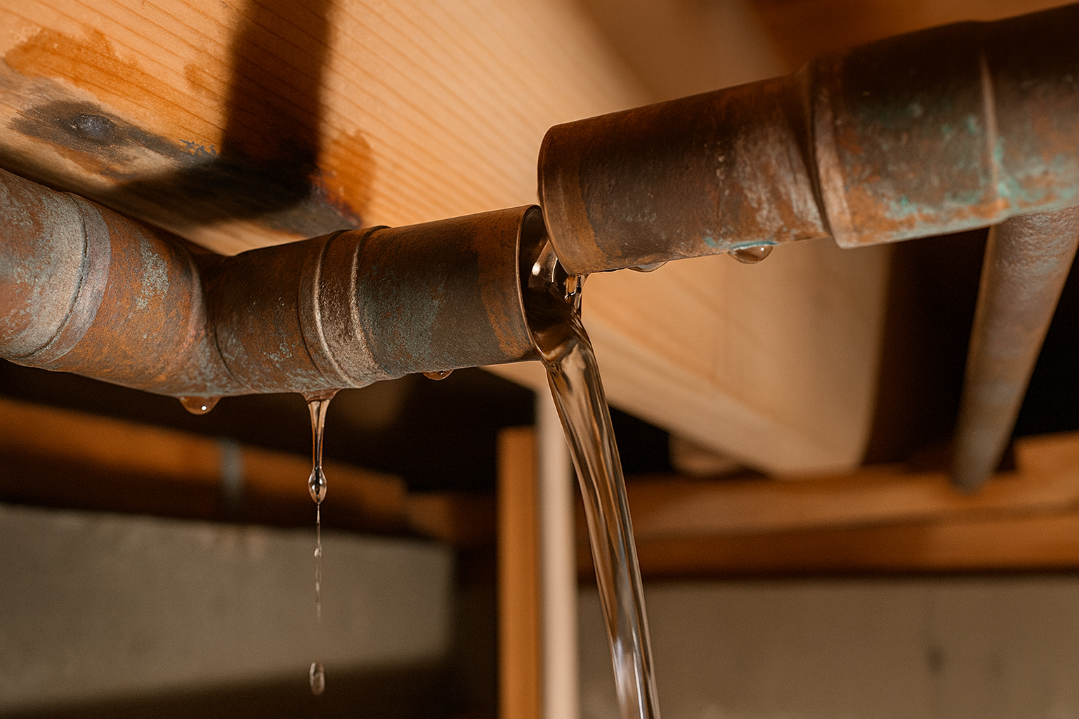 Leaking copper pipe at a failed coupling with water pouring from the joint