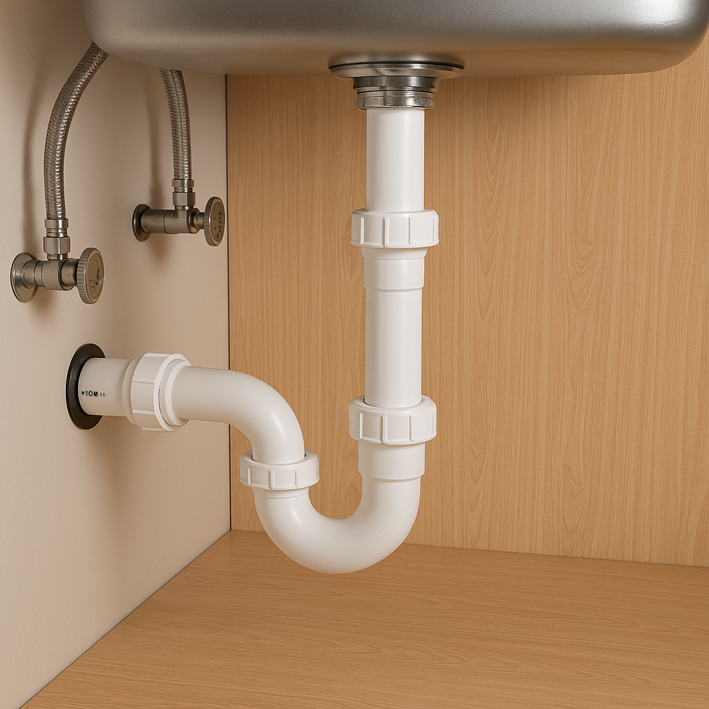 Under-sink PVC drain with P-trap and vertical tailpiece